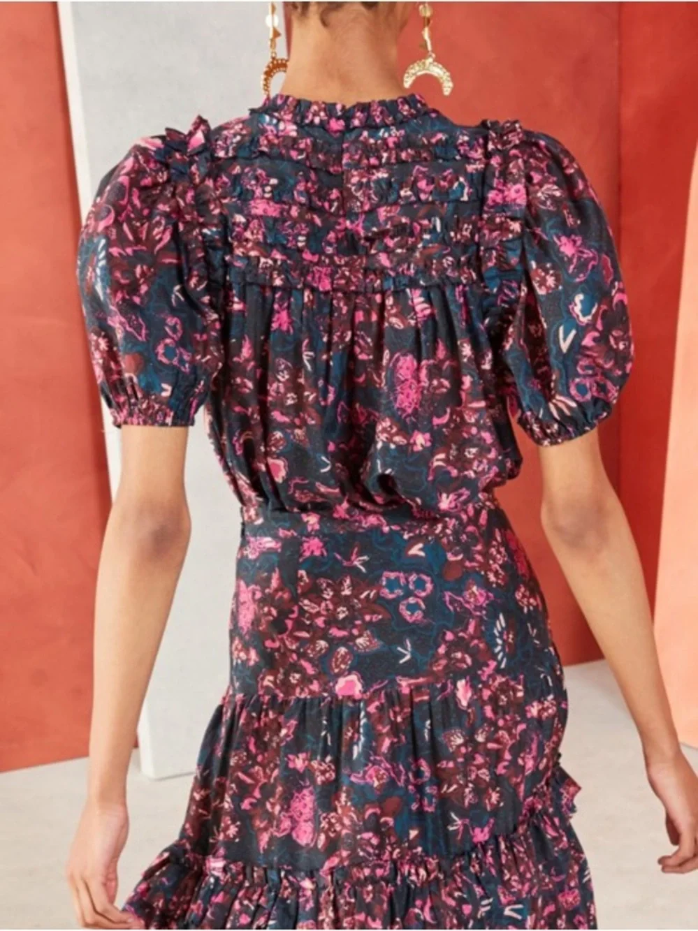 Ulla Johnson Navy and Pink Floral Puff-Sleeve Smocked Blouse